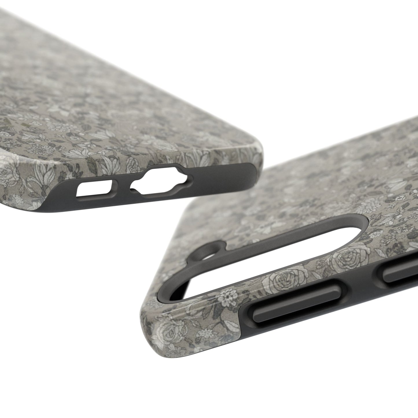 Gray Floral Tough Phone Case — Durable Protective Phone Cover with Vintage Botanical Pattern