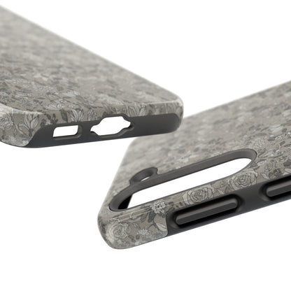Gray Floral Tough Phone Case — Durable Protective Phone Cover with Vintage Botanical Pattern
