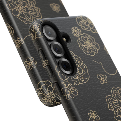 Floral Leather-Texture Tough Case – Black Gold Outline Phone Cover