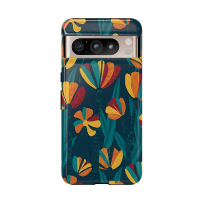 Floral Retro Teal Tough Phone Case — Vibrant Orange & Mustard Blooms