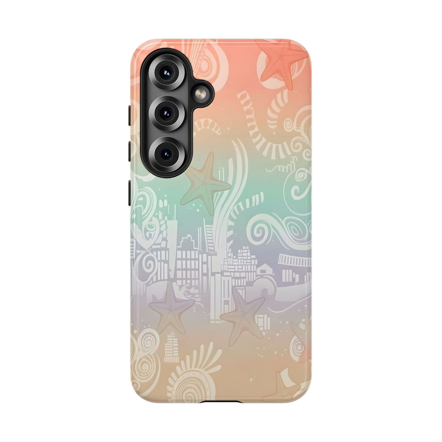 Tough Cases: Pastel Beach Pattern Phone Case — Starfish & Coastal Cityscape Protective Cover