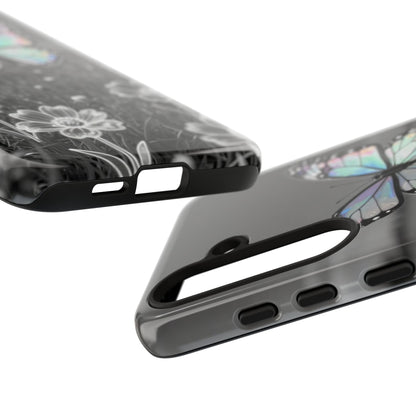 Butterfly Field Tough Phone Case — Pastel Holographic Butterfly on Black & White Floral Background