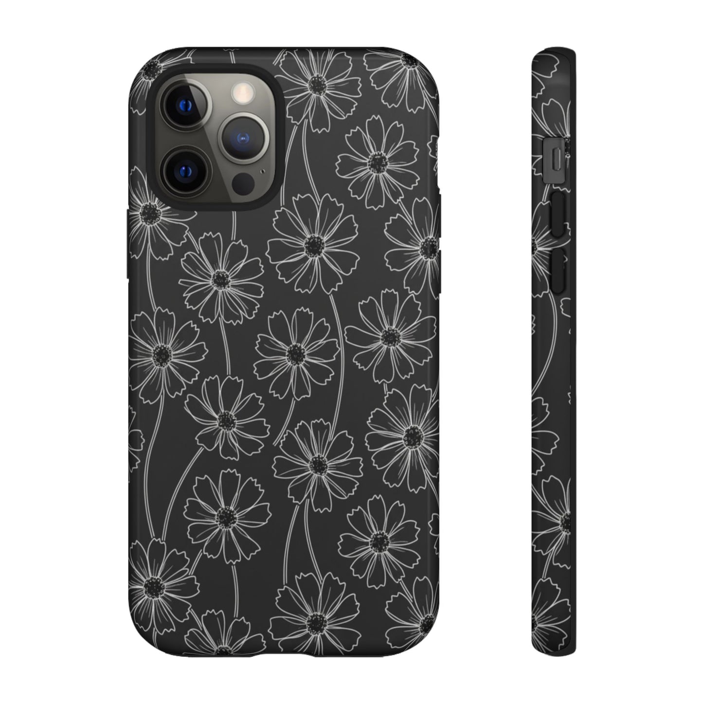 Floral Doodle Tough Phone Case — Black & Gray Daisy Pattern