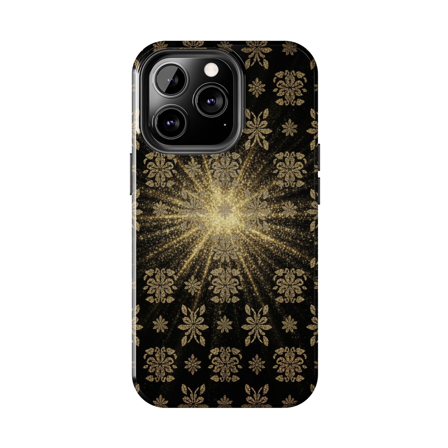 Glitter Burst Tough Phone Case — Black & Gold Floral Protective Cover