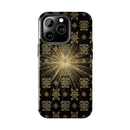 Glitter Burst Tough Phone Case — Black & Gold Floral Protective Cover