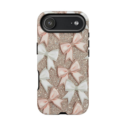 Glitter Bow Tough Phone Case — Pink & White Ribbon Protective Cover