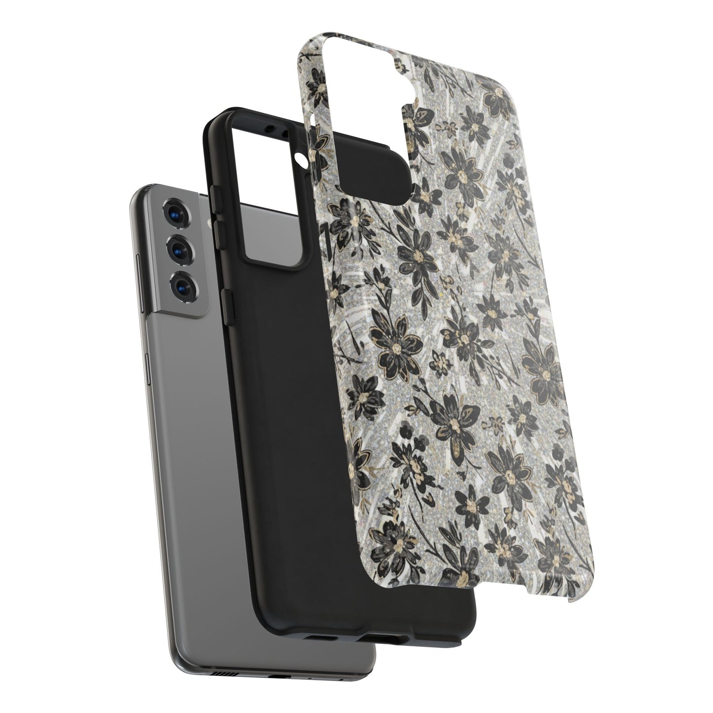 Floral Vintage Tough Phone Case — Black & Gray Rustic Flower Protective Case