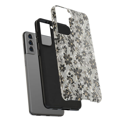 Floral Vintage Tough Phone Case — Black & Gray Rustic Flower Protective Case