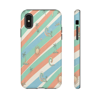 Retro Beach Stripes Phone Case — Sun, Waves & Palm Pattern Tough Case