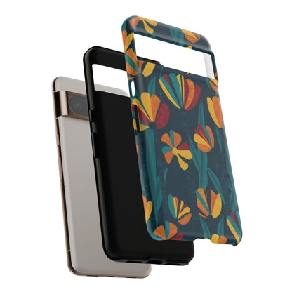Floral Retro Teal Tough Phone Case — Vibrant Orange & Mustard Blooms