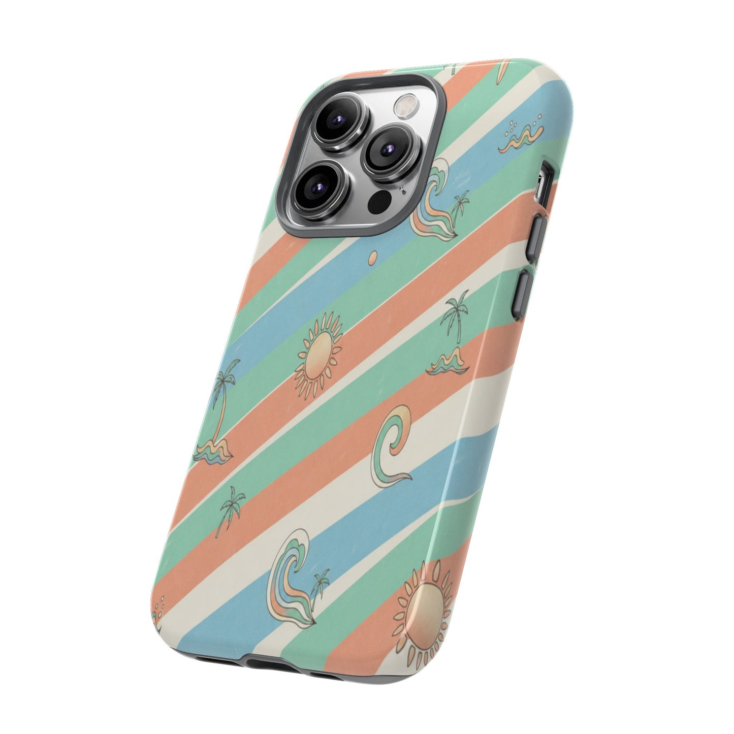 Retro Beach Stripes Phone Case — Sun, Waves & Palm Pattern Tough Case