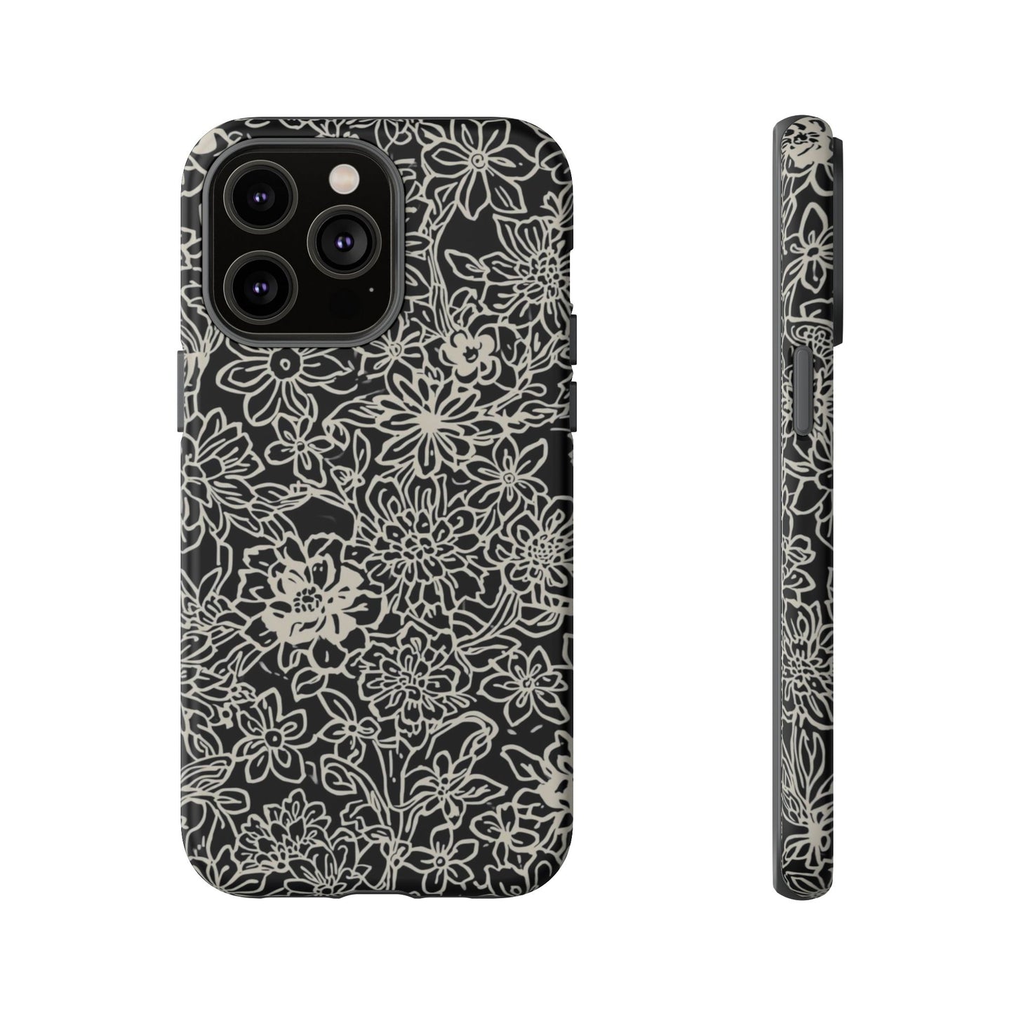 Floral Doodle Tough Phone Case — Black & White Sketch Flower Protective Cover
