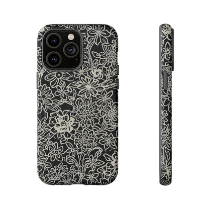 Floral Doodle Tough Phone Case — Black & White Sketch Flower Protective Cover