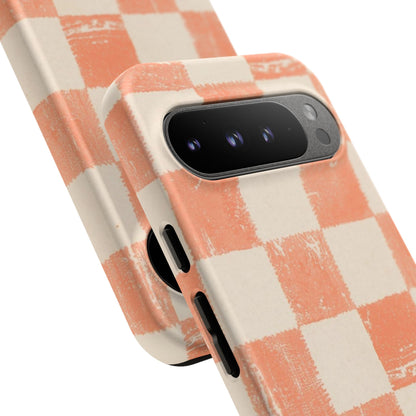 Peach Checkerboard Tough Phone Case — Retro Distressed Grid Design