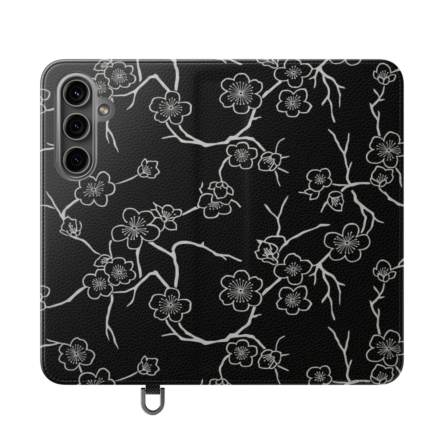 Black Cherry Blossom Flip Phone Case – Floral Wallet Flip Case with Card Slots