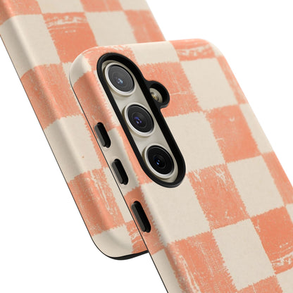Peach Checkerboard Tough Phone Case — Retro Distressed Grid Design