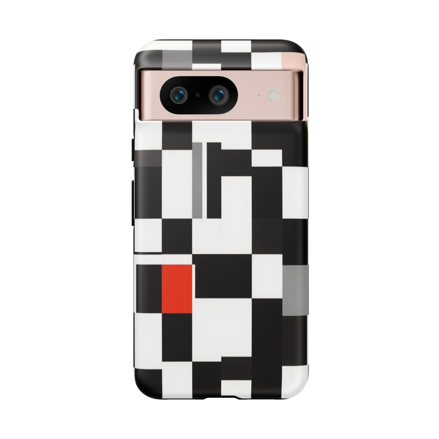 Abstract Geometric Phone Case – Black & White Checker Grid with Red Accent