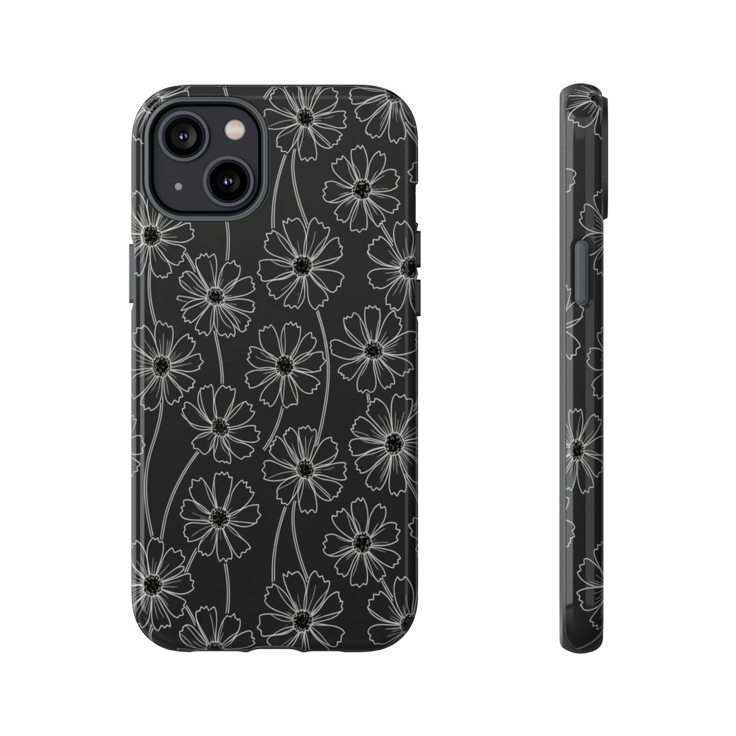 Floral Doodle Tough Phone Case — Black & Gray Daisy Pattern