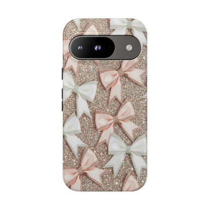 Glitter Bow Tough Phone Case — Pink & White Ribbon Protective Cover