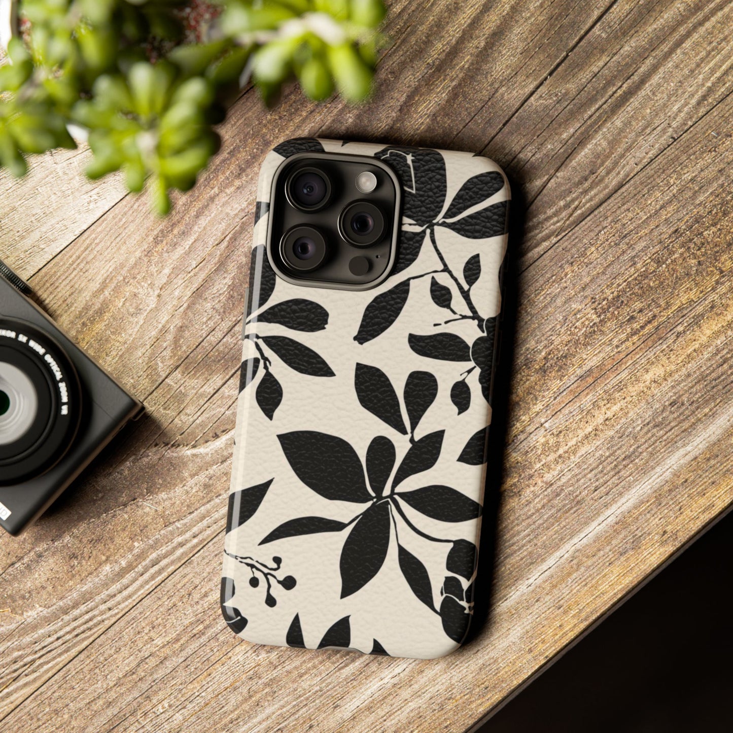 Black Floral Pattern Phone Case — Monochrome Botanical Tough Case