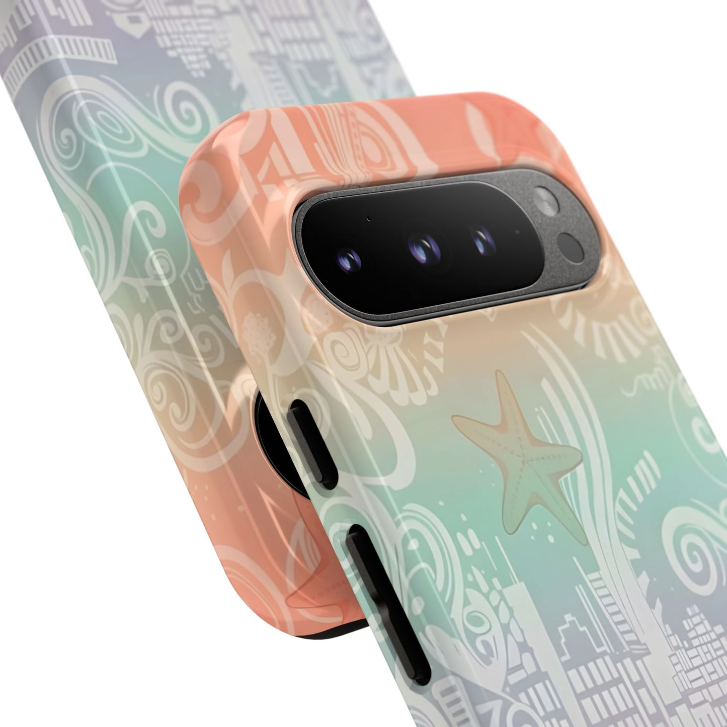 Tough Cases: Pastel Beach Pattern Phone Case — Starfish & Coastal Cityscape Protective Cover