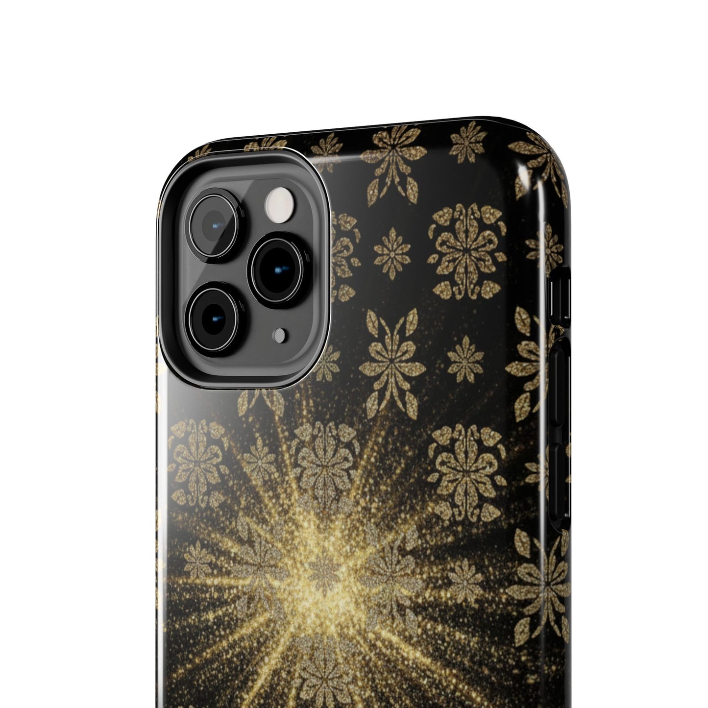 Glitter Burst Tough Phone Case — Black & Gold Floral Protective Cover