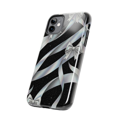 Silver Ribbon Bow Tough Phone Case — Glitter Black Protective Phone Case