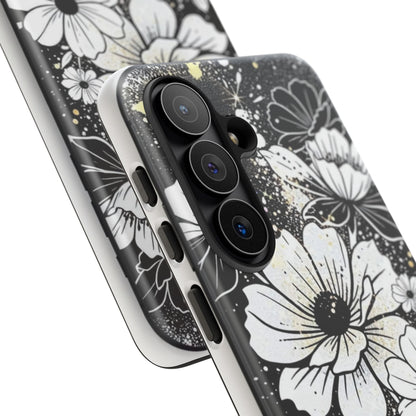 Floral Sketch Tough Phone Case – Black & White Daisy Protective Cover