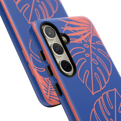 Tropical Monstera Phone Case — Blue & Coral Leaf Protective Cover