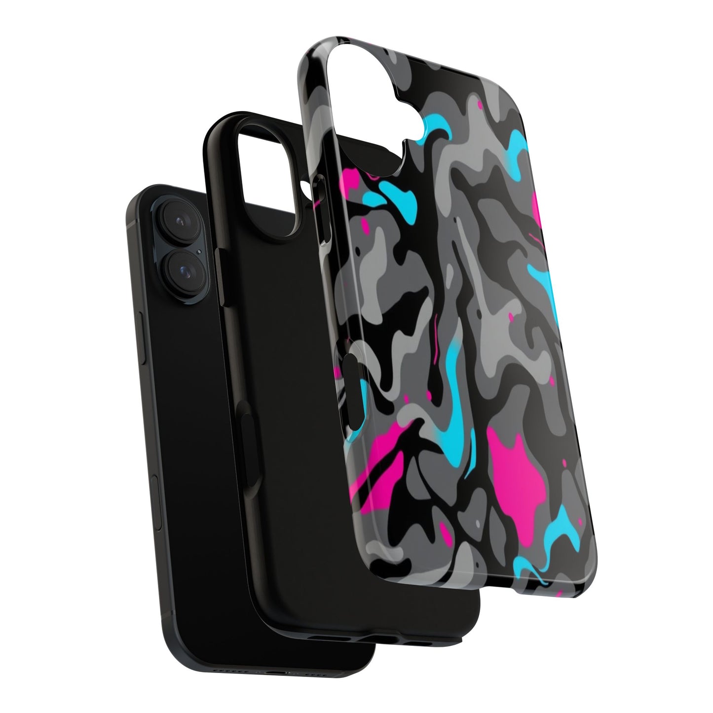 Camouflage Phone Case — Gray Camo with Neon Pink & Cyan Accent Tough Protective Cover