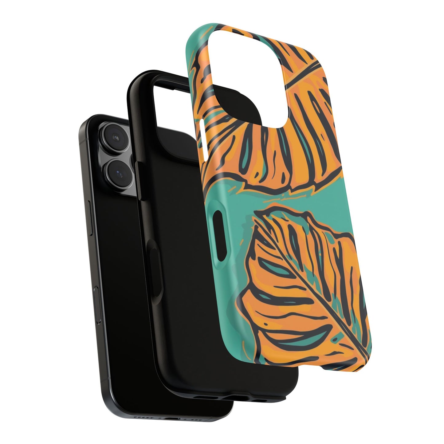 Tropical Leaf Tough Phone Case — Orange Monstera Design on Teal