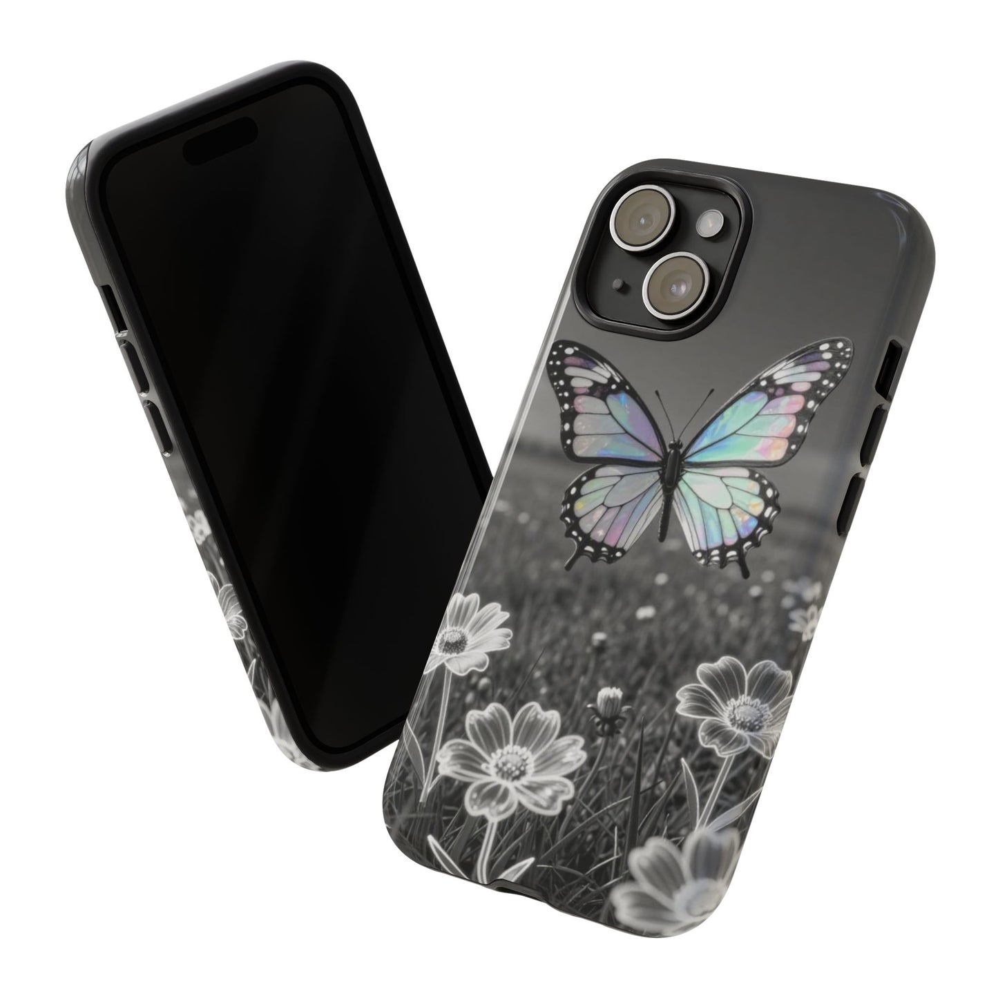 Butterfly Field Tough Phone Case — Pastel Holographic Butterfly on Black & White Floral Background