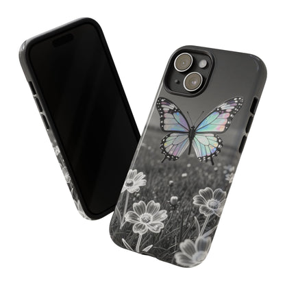 Butterfly Field Tough Phone Case — Pastel Holographic Butterfly on Black & White Floral Background