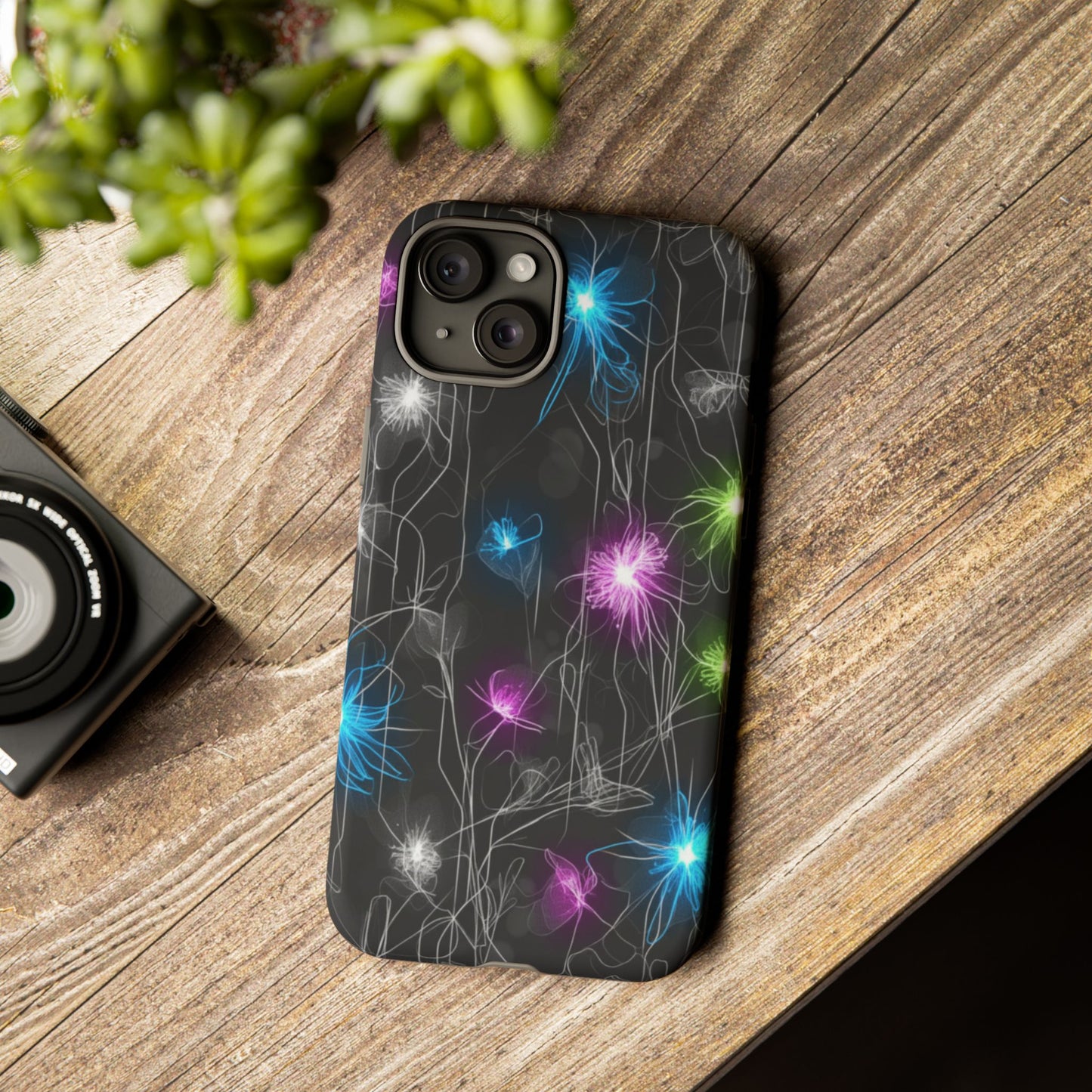 Neon Floral Tough Phone Case — Glow Flower Protective iPhone Cover