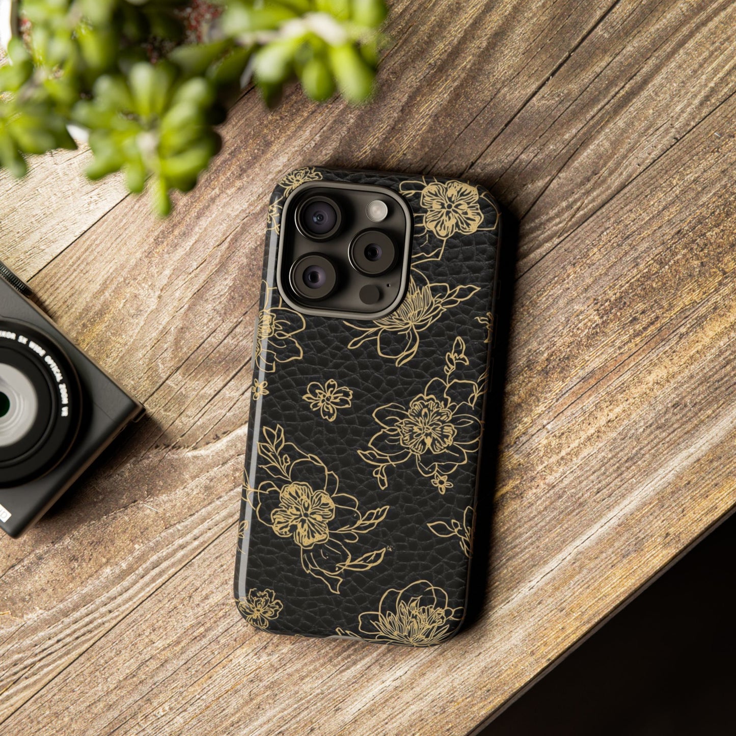 Floral Leather Phone Case — Gold Outline Flowers on Black Tough Case