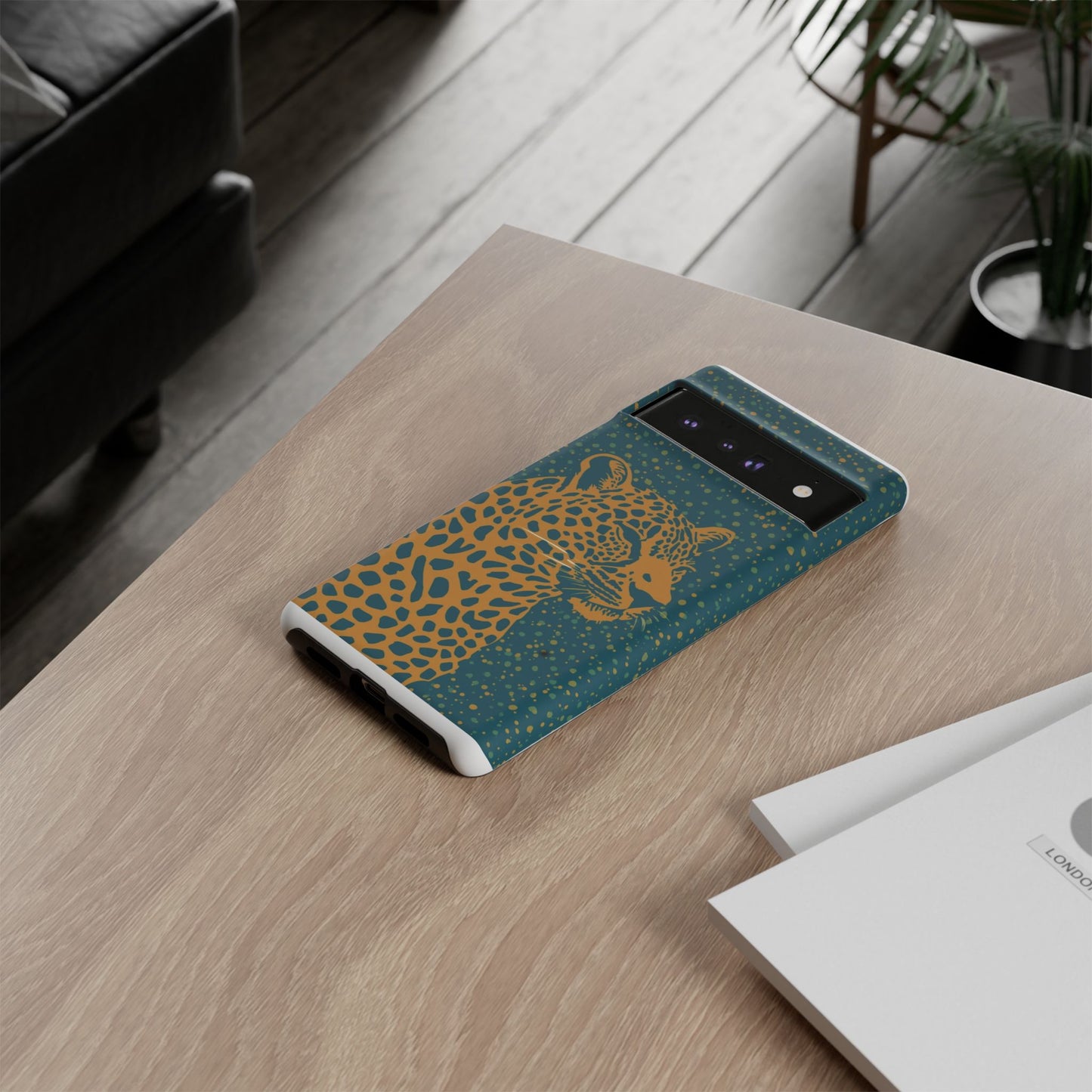 Leopard Spotlight Phone Case — Teal Gold Animal Print Protective Cover