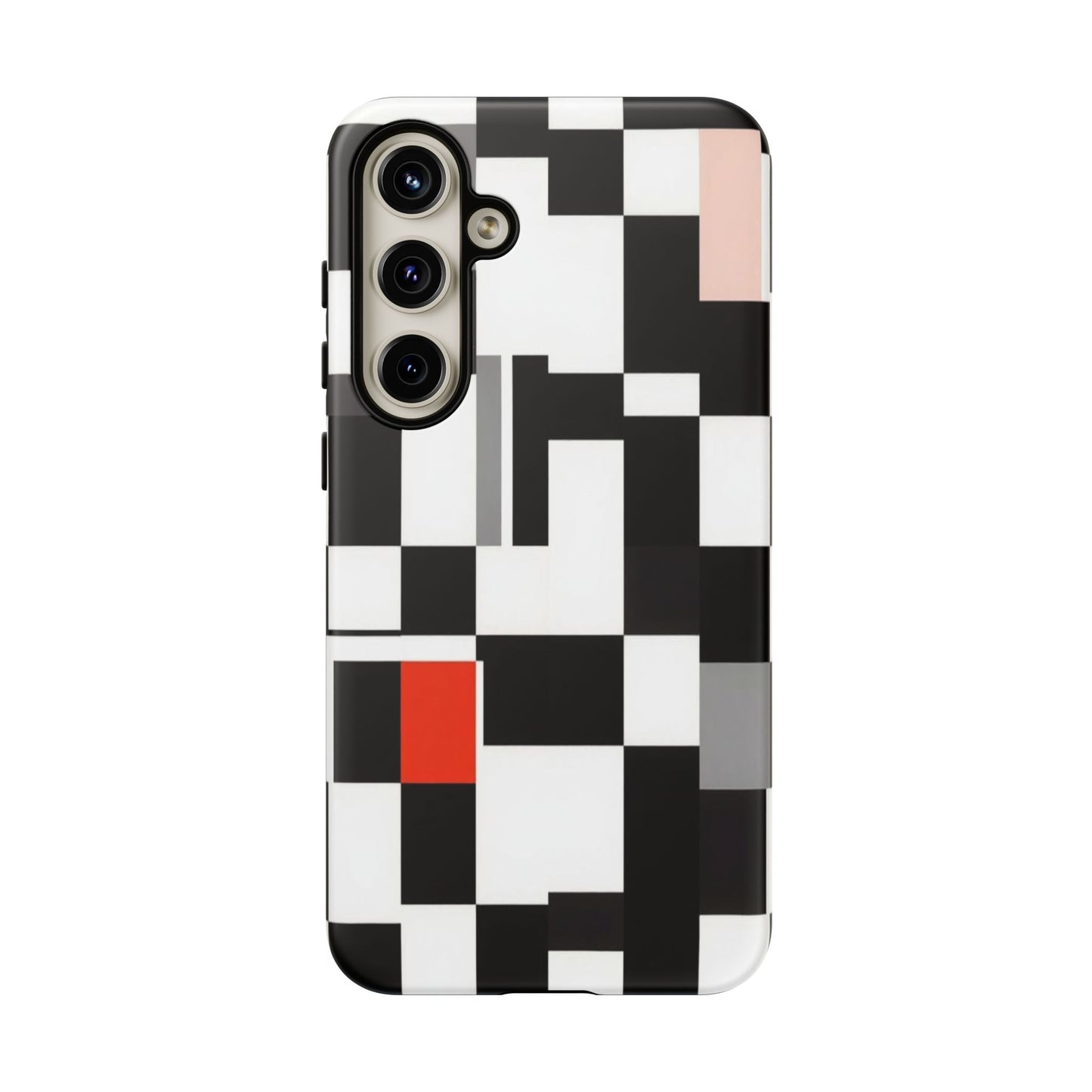 Abstract Geometric Phone Case – Black & White Checker Grid with Red Accent