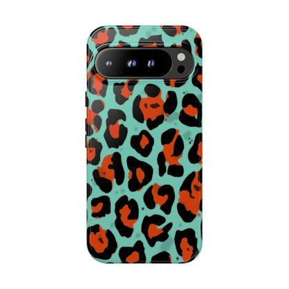 Leopard Print Tough Phone Case — Teal & Rust Protective iPhone Cover