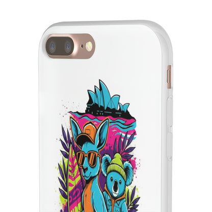 Kangaroo & Koala Surf Phone Case — Neon Aussie Beach Vibes Flexible Case