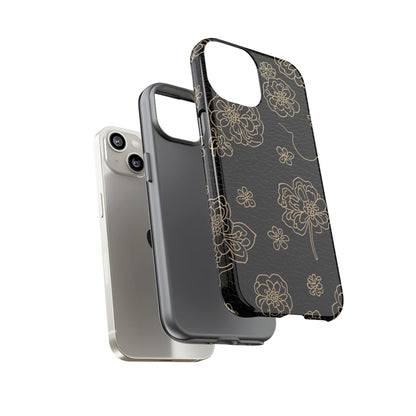 Floral Leather-Texture Tough Case – Black Gold Outline Phone Cover