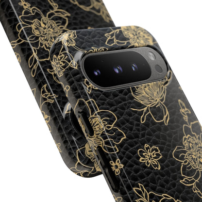 Floral Leather Phone Case — Gold Outline Flowers on Black Tough Case