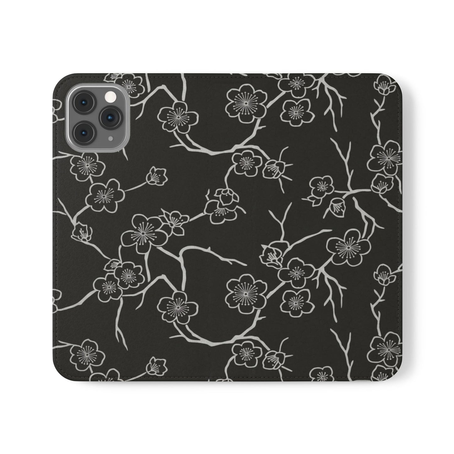 Black Cherry Blossom Flip Phone Case – Floral Wallet Flip Case with Card Slots