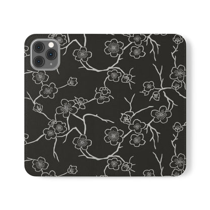 Black Cherry Blossom Flip Phone Case – Floral Wallet Flip Case with Card Slots