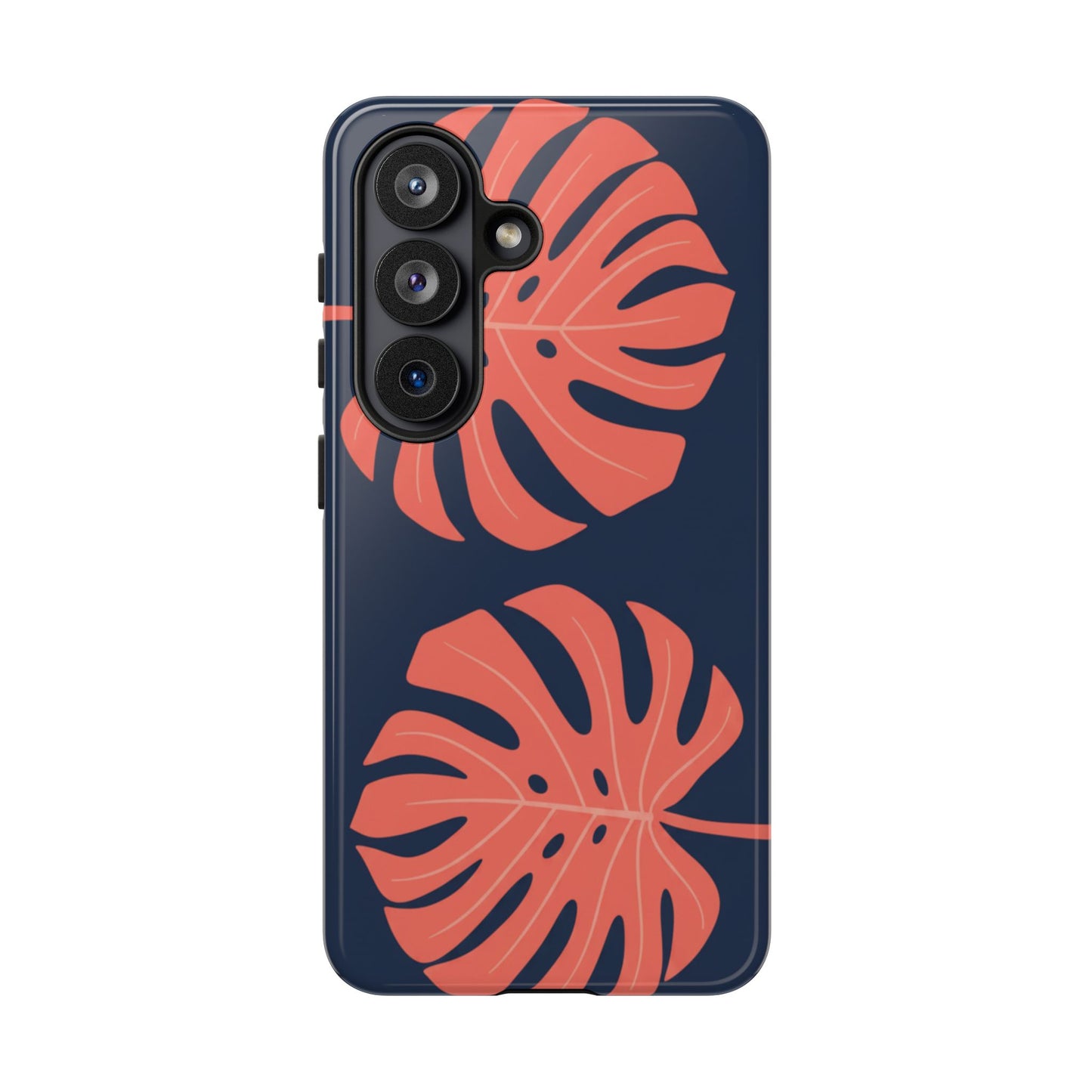 Monstera Leaf Tough Phone Case — Coral Leaves on Navy Protective Cover