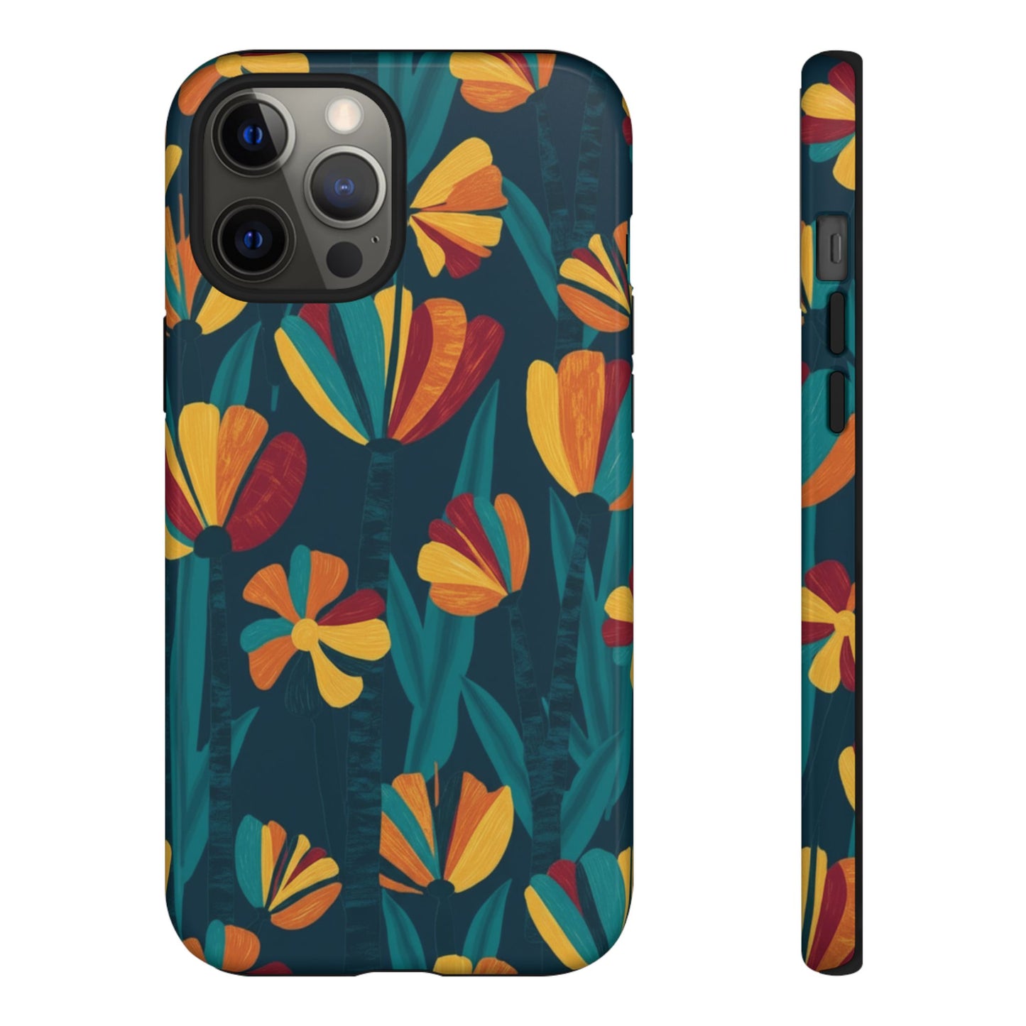 Floral Retro Teal Tough Phone Case — Vibrant Orange & Mustard Blooms