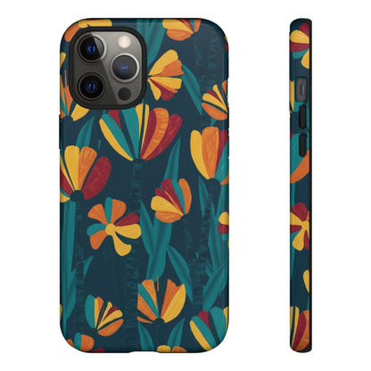 Floral Retro Teal Tough Phone Case — Vibrant Orange & Mustard Blooms