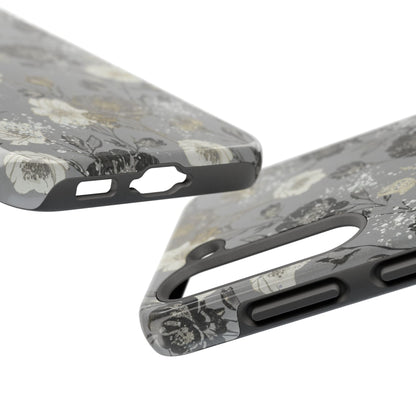 Floral Gray Tough Phone Case — Elegant Protective Phone Cover with Gold Accent