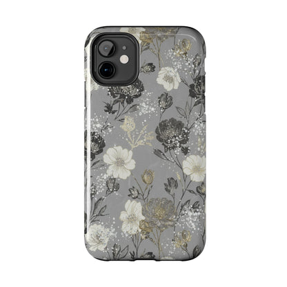 Floral Gray Tough Phone Case — Elegant Protective Phone Cover with Gold Accent