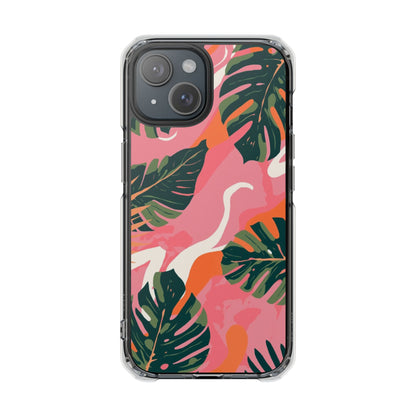Clear Magnetic Phone Case — Tropical Pink Monstera Design