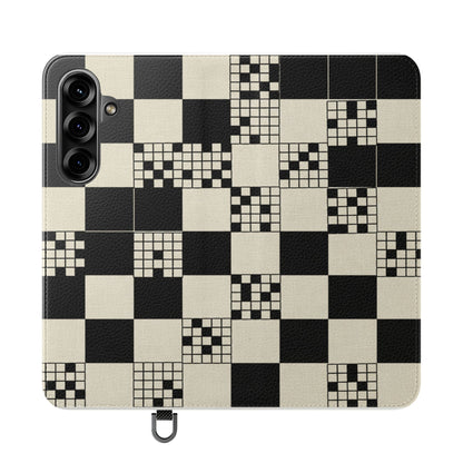 Checkerboard Flip Phone Case – Retro Black & Cream Geometric Wallet Case